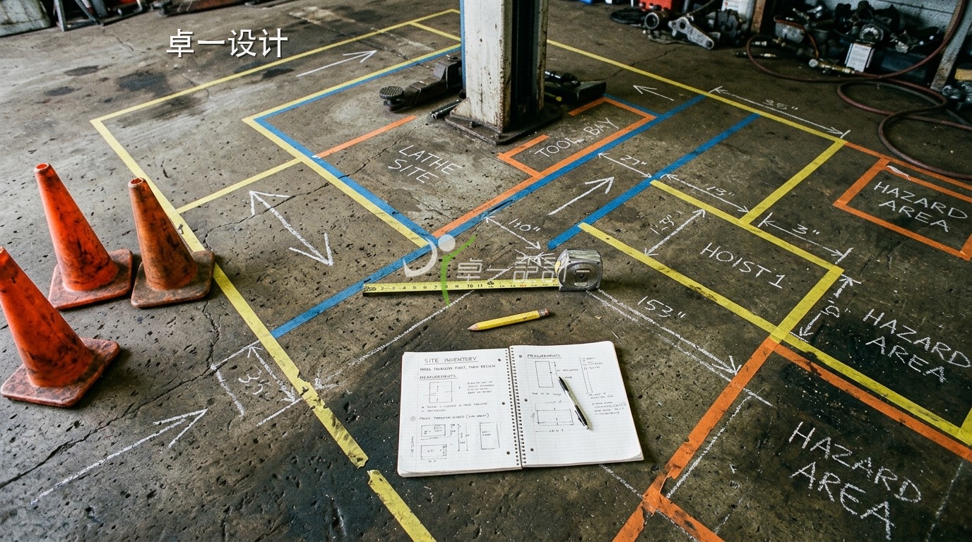 Map columns, aisles, equipment and problem areas before renovation design.